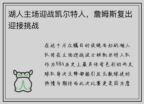 湖人主场迎战凯尔特人，詹姆斯复出迎接挑战