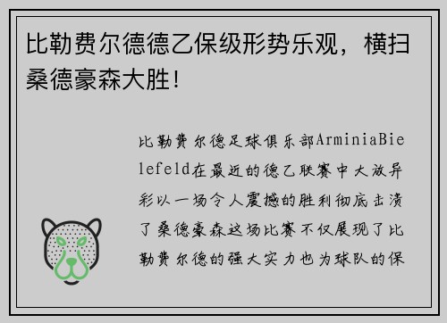 比勒费尔德德乙保级形势乐观，横扫桑德豪森大胜！