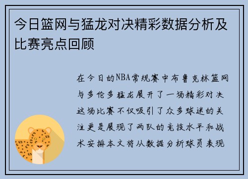 今日篮网与猛龙对决精彩数据分析及比赛亮点回顾