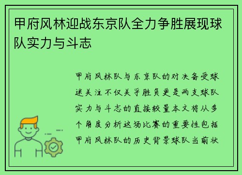 甲府风林迎战东京队全力争胜展现球队实力与斗志