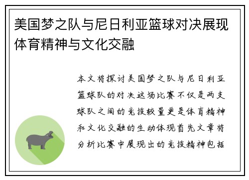 美国梦之队与尼日利亚篮球对决展现体育精神与文化交融