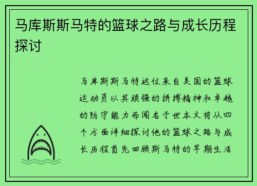 马库斯斯马特的篮球之路与成长历程探讨