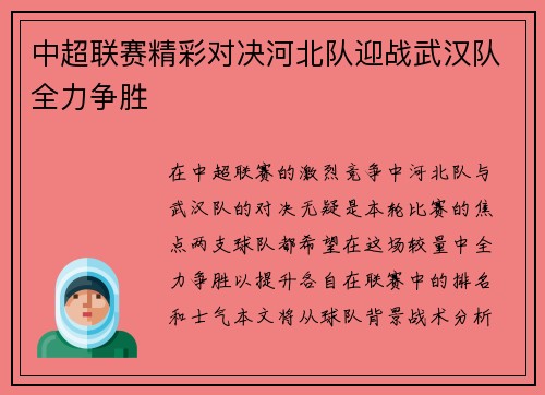 中超联赛精彩对决河北队迎战武汉队全力争胜