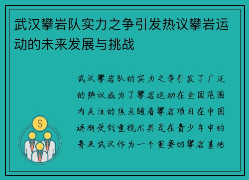 武汉攀岩队实力之争引发热议攀岩运动的未来发展与挑战